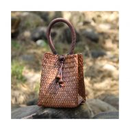 QTKJ Hand-woven Mini Retro Straw Handbag Bag Summer Beach Boho Rattan Tote Travel Bag with Wooden Beaded Tassel Pendant (Khaki)