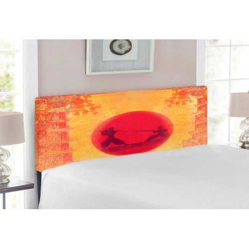  Ambesonne Japanese Headboard, Warrior Ninjas at Sunset Between Building Flowers? Theme Japanese Print, Upholstered Decorative Metal Bed Headboard with Memory Foam, Full Size, Musta