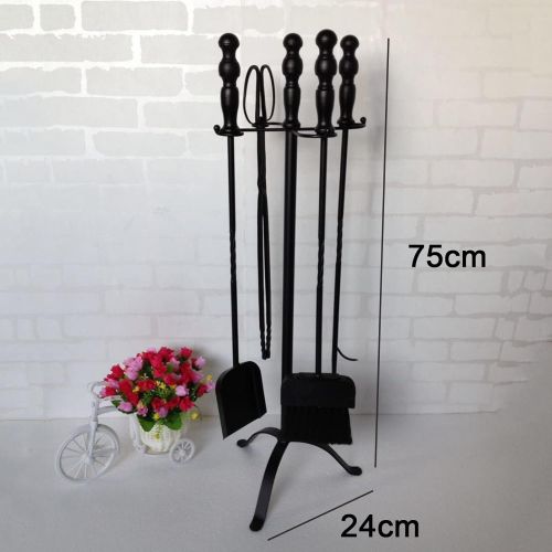  Household Products 5 Piece Fireplace Tools Set, Heavy Duty Wrought Iron Fireset Fire Pit Poker Wood Stove Log Tongs Holder Fireplace Tool Set with Poker, Shovel, Tongs, Brush, Stand, for Chimney, Hea