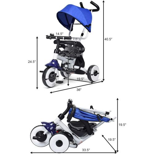  [아마존베스트]Baby Joy 4-in-1 Kids Tricycle Folding Baby Tricycle w/Adjustable Awning, Folding ABS Foot Pedals, Storage Bag, Sponge Guardrail, Shock-Absorbing Wheels, Tricycle for Children Aged