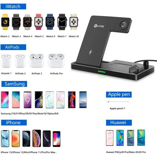  [아마존베스트]WAITIEE Updated Version,Wireless Charger 5 in 1,Qi Wireless Charging Station for iWatch 6/5/4/3/2/1& AirPods3/2/1 & Pencil & iPhone 12/11/11 Pro Max/XR/XS Max/Xs/X/8/8P Black(No iW