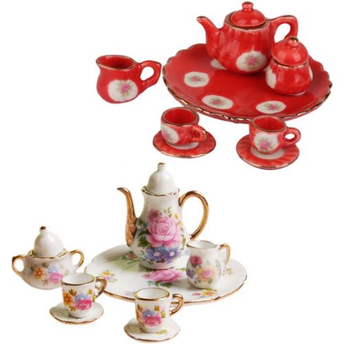  MagiDeal 8 Stueck Miniatur Puppenhaus ESS Geschirr Porzellan Tee Set Teller Tasse Teller rosa Rose