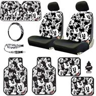 Yupbizauto Disney Mickey Mouse Design Low Back Sideless Car Seat Covers Floor Mats Steering Wheel Cover Lanyard Accessories Set with Air Freshener