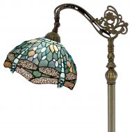 WERFACTORY Tiffany Style Reading Floor Lamp Sea Blue Stained Glass with Crystal Bead Dragonfly Lampshade 64 Inch Tall Antique Arched Base for Bedroom Living Room Lighting Table Set Gifts S147