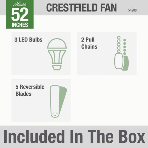  [아마존베스트]HUNTER 54208 Crestfield Indoor Low Profile Ceiling Fan with LED Light and Pull Chain Control, 52, Noble Bronze