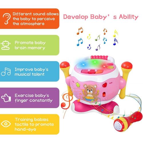  [아마존베스트]Rabing Baby Musical Toy Drum, 5-in-1 Toddler Musical Instruments Toy with Microphone & Lights, Kids Drum Set for Boys Girls 0-3 Years Old Birthday Gift, Early Educational Learning