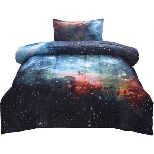  [아마존베스트]JQinHome Twin Galaxies Blue Comforter Sets Blanket, 3D Outer Space Themed Bedding, All-Season Reversible Quilted Duvet, for Children Boy Girl Teen Kids - Includes 1 Comforter, 1 Pi