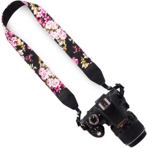 Wolven Pattern Cotton Camera Neck Shoulder Strap Belt Compatible with All DSLR/SLR/Men/Women etc, Black Flower
