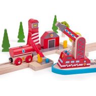 Bigjigs Rail, Fire and Sea Rescue, Wooden Toys, Bigjigs Train Accessories, Rescue Vehicles Toys, Train Toys, Wooden Crane for Train Set, Wooden Toys for 3 4 5 Year Olds