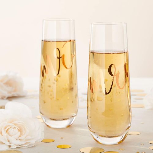  [아마존베스트]Juvale 2-Pack Rose Gold Glass Mr and Mrs Stemless Champagne Wedding Flutes, 9.8 Ounces