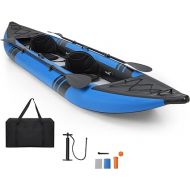 GYMAX Inflatable Kayak, 12.5Ft 507lbs Tandem Kayak with 2 Aluminum Paddles, 2 Padded Seats, Footrests, 2 Fins, Hand Pump, Carry Bag & Repair Kit, 2 Person Fishing Touring Kayak for Adults Youth