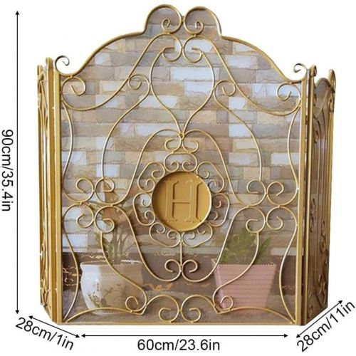  FOLDING Fireplace Screen Gold 3 PCS Iron Fire Panel, Spark Flame Barrier with Decoration, Wide Metal Mesh Safety Fire Place Guard for Wood and Coal Firing, Stoves, Grills Ensures L