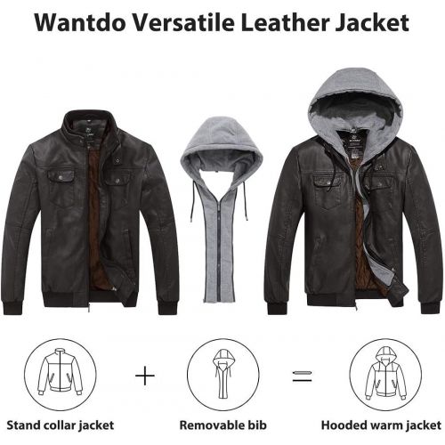  할로윈 용품Wantdo Mens Faux Leather Jacket Motorcycle Jacket Bomber Slim Fit Outwear with Removable Hood