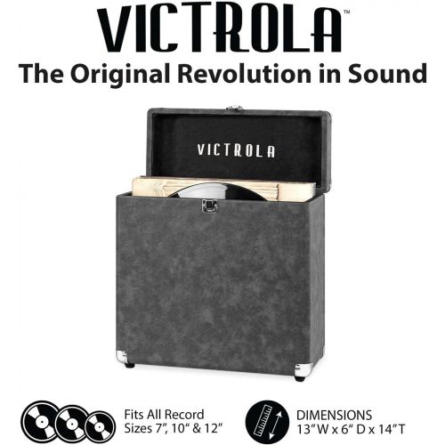  Victrola Vintage Vinyl Record Storage and Carrying Case, Fits all Standard Records - 33 1/3, 45 and 78 RPM, Holds 30 Albums, Perfect for your Treasured Record Collection, Gray, 1SF