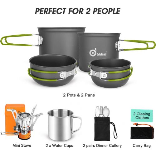  Odoland 16pcs Camping Cookware Mess Kit, Lightweight Pot Pan Mini Stove with 2 Cups, Fork Spoon Kits for Backpacking, Outdoor Camping Hiking and Picnic