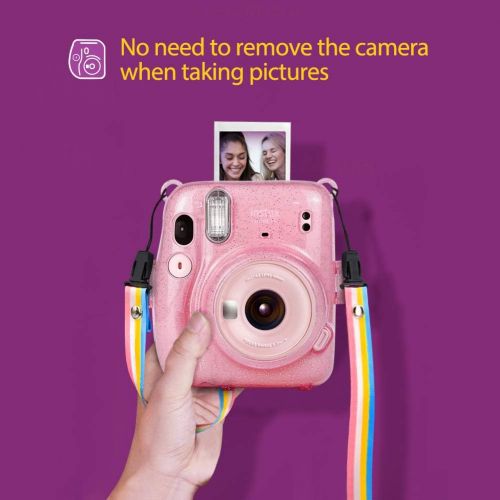  Wolven Crystal Camera Case w Adjustable Rainbow Shoulder Strap Compatible with Fujifilm Mini 11 Camera, (CPink)