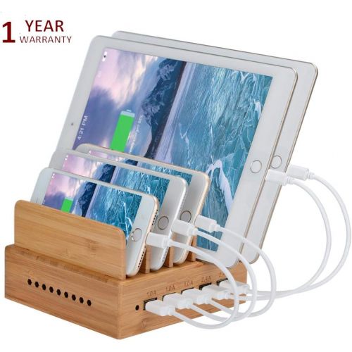  [아마존베스트]Yisen Handy Wooden USB Charging Station for Smartphones with 5 Ports for iPhone, iPad, Universal Phones, Tablets and Other USB Devices (with Power Cord)