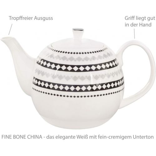  Buchensee Kaffeeservice aus Fine Bone China Porzellan. Tee- / Kaffeekanne 1,5l mit stilvollem Rautendekor, 2 Kaffeetassen, 2 Unterteller und Stoevchen.