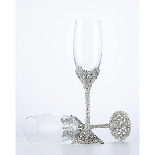  Champagne Flutes - Crystal Glass Metal Base With Crystal Stones, Set of 2 Toasting Flute Pair, Wedding Anniversary Party Birthday Banquets and Gifts for Bride and Groom7oz