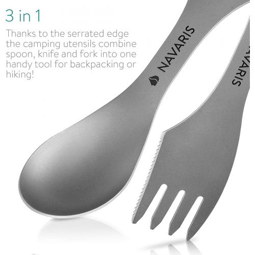  Navaris Titanium Spork Camping Utensils (Set of 2) - 3-in-1 Fork, Spoon, Knife Cutlery Combo - Metal Silverware for Backpacking, Hiking, Outdoors