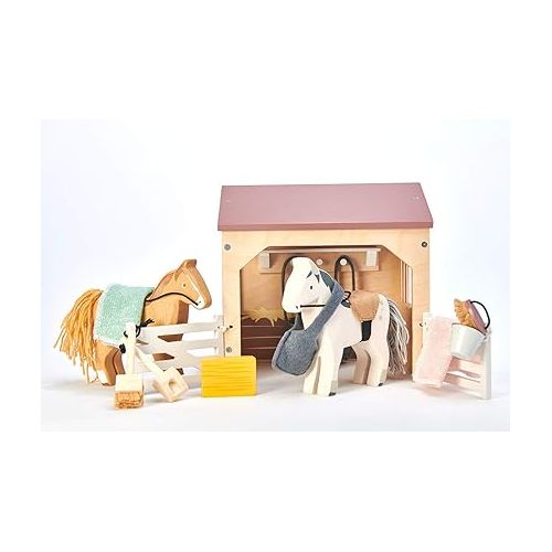 Tender Leaf Toys - The Stables - 13 Pcs Imaginative Horse Stables Play Set with and Accessories - Animal Learning Pretend Play and Promote Creativity - Age 3+