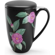 [아마존베스트]immaculife Tea Cup with Infuser and Lid Ceramic Tea Mug with Lid Teaware with Filter 15oz, Black Floral Print