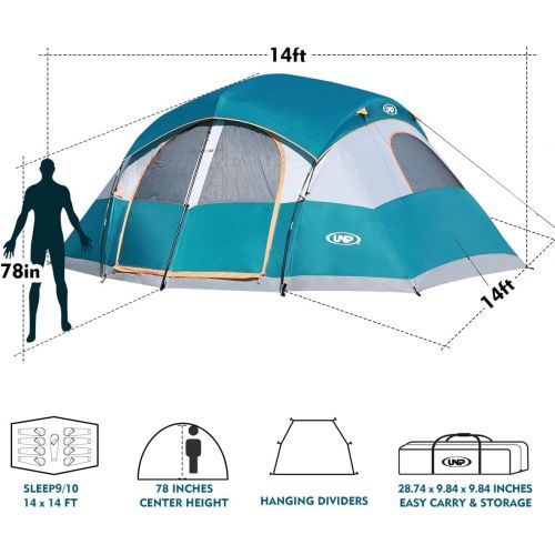  UNP Camping Tent 9 10 Person,Waterproof Windproof Family Tent, 5 Large Ventilation Mesh Windows, Double Layer 78 inch Tall with Dividers Curtain for 2 Room
