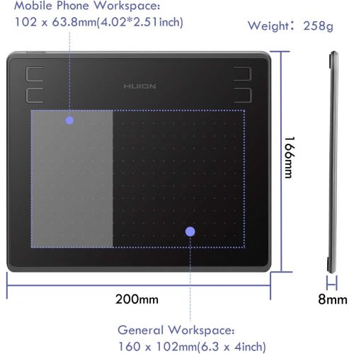  [아마존베스트]HUION HS64 Mobile Graphics Tablet for Android Windows Mac with 8.192 Stages Pen Pressure Battery Free Pen 4 ExpressKeys
