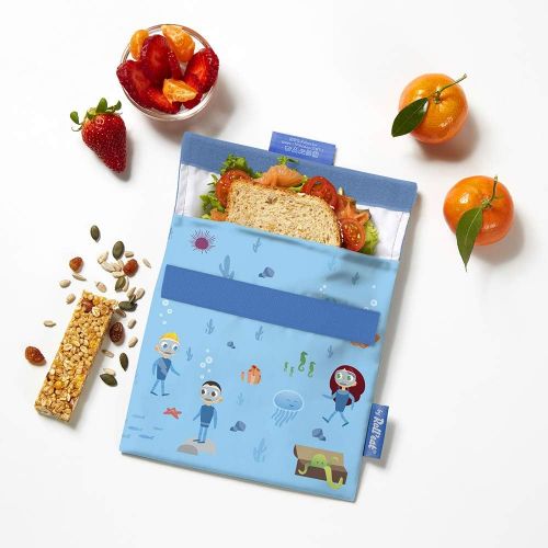  Rolleat Roll’eat  Snack’n’Go Kinder  Snack Beutel | wiederverwendbarer, oekologische Lunchbox, BPA frei, Snackbag, leicht zu reinigen - Motiv: Ozean, Farbe: blau, 16 x 16cm