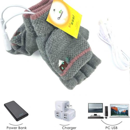  [아마존베스트]Kbinter Womens & Mens 2 Pack USB Heated Gloves Mitten Winter Hands Warm Laptop Gloves, Knitting Hands Full & Half Heated Fingerless Heating Warmer Washable Design (Deep Gray+Gray)