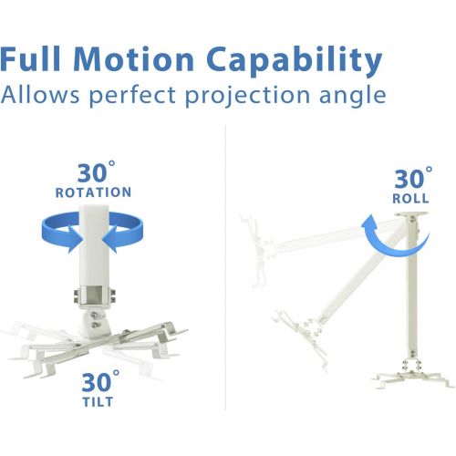  Mount-IT! Projector Ceiling Mount [30 lbs Capacity] Universal Bracket 360 Full Motion with Tilt and Swivel Rotate Adjustable Pole Height from 21-34.5 Inches, Extendable Arms (White