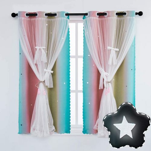  [아마존베스트]Yancorp Blackout Stars Curtain 2 Layers Drapes Elegent Room Decor Kids Curtains for Girls Bedroom Window Panels Living Room Divider 63 72 84 96 108 inches Long (Baby Pink Blue, W34 X L63)