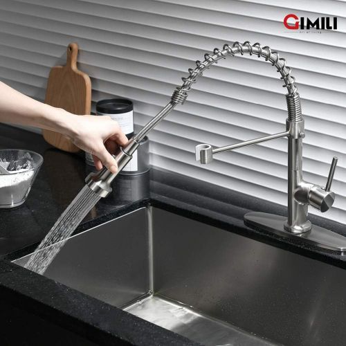  GIMILI Kitchen Sink Faucet Single Handle Pull Down Sprayer Commercial Spring Kitchen Faucet Brushed Nickel with Deck Plate