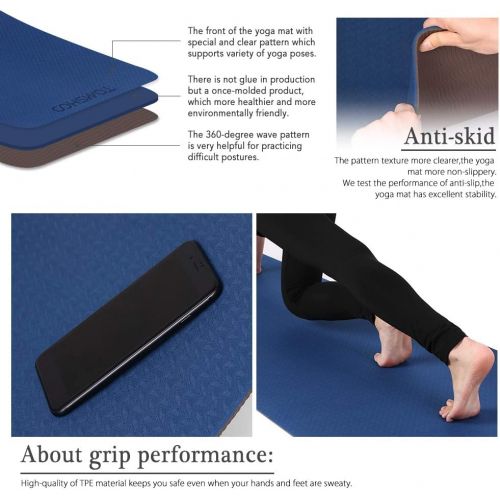  [아마존베스트]TOMSHOO Exercise Mat Non-Slip TPE Yoga Mat Training Mat Phthalate-Free Fitness Mat for Yoga Pilates Gymnastics & Fitness with Carry Strap 183 x 61 x 0.6 cm