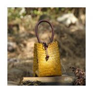 QTKJ Hand-woven Mini Retro Straw Handbag Bag Summer Boho Rattan Tote Travel Bag with Wooden Beaded Tassel Pendant (Yellow)