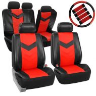 FH Group FH-PU021115 Synthetic Leather Full Set Auto Seat Covers w. Steering Wheel Cover & Seat Belt Pads, Red Black Color (Minimal Black Stains Final Sale)