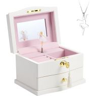 Ballerina Musical Jewelry Box with Mirror for girls，Kid's Jewelry Storage Music Chest (White-L)