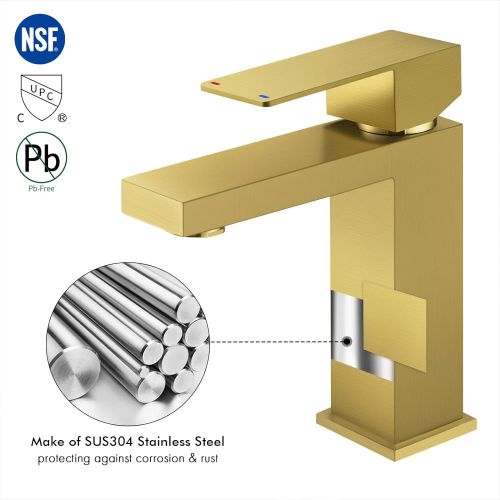  KES Bathroom Sink Faucet Single Hole Modern Vanity Faucet One Handle SUS304 Stainless Steel Rustproof Brushed Brass Finish, L3156ALF-BZ