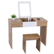 FORTUNELIN Vanity Table with Flip Top Mirror Makeup Dressing Table Writing Desk with Makeup Stool Set Easy Assembly (Oak)