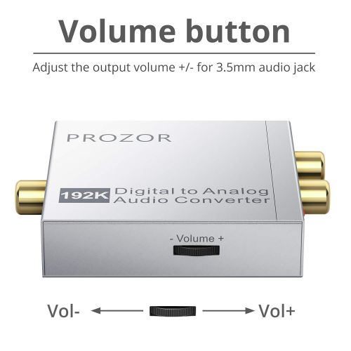  PROZOR 192k Digital to Analog Converter DAC Supports Volume Control,Optical to RCA Converter, Digital Coaxial SPDIF Toslink to Analog Stereo LR RCA 3.5mm Jack Audio Adapter