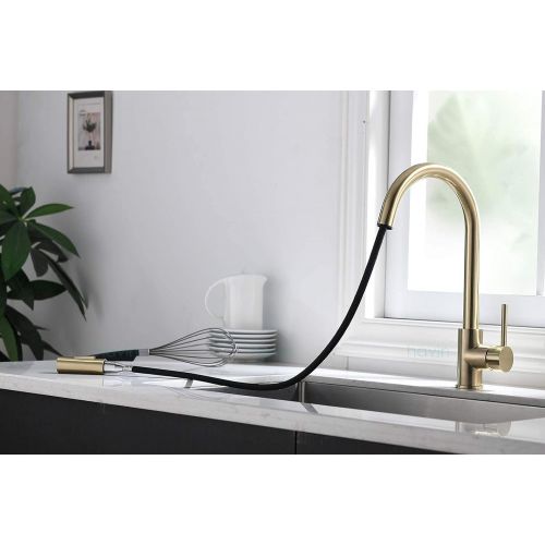  Havin HV601 Brass Kitchen Faucet with Pull Down Sprayer,Brushed Gold Color, Fit for 1 Hole and 3 Holes Deck Mount, Single Handle (Brushed Gold)
