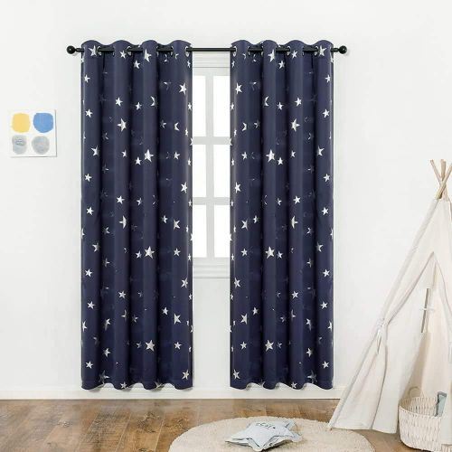  [아마존베스트]Anjee Navy Blue Star Print Blackout Curtains for Kids Room (2 Panels) Thick Thermal Insulated Window Drapes Each Panel W38 x L45 in