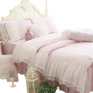 Abreeze 100% Cotton 4-Piece Pink Bedding Set Girls Fairy Bedskirts Ruffle Lace Princess Duvet Cover Set Full Size