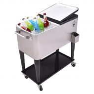 GraceShop 80 Quart Patio Rolling Stainless Steel Ice Beverage Cooler New Stainless Steel Rolling Cooler which adopts The Stainless Steel Construction and Food-Grade Liner Box.