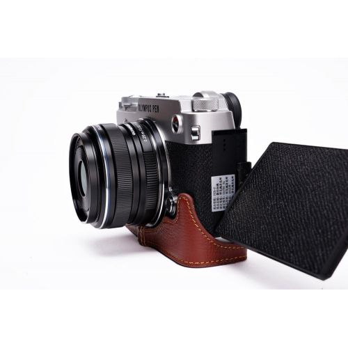  TP Original Handmade Genuine Real Leather Half Camera Case Bag Cover for Olympus Pen-F Brown Bottom Opening Version