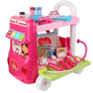 Blue Block Factory TOYKIT305 Ambulance Vehicle Multi-Functional Medical Cart Pretend Play Toy Sets Simulation Doctor Nurse Role, One Size, Pink (Pack of 37)