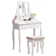 Honbay HONBAY Makeup Vanity Table Set with Mirror, Cushioned Stool, 5 Drawers and Gift Makeup Organizer Dressing Table White