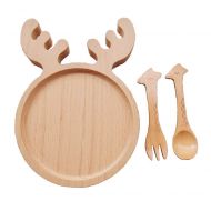 Naife Wooden Baby Toddler Feeding Plate - Set of 3pcs Includes Kids Plate, Animals Spoon and Fork,Break-Resistant,Small(Christmas Gift)