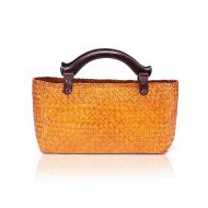 QTKJ Hand-woven Large Retro Straw Handbag Bag Summer Beach Boho Rattan Tote Travel Bag with Wooden Top Handle (Gold)