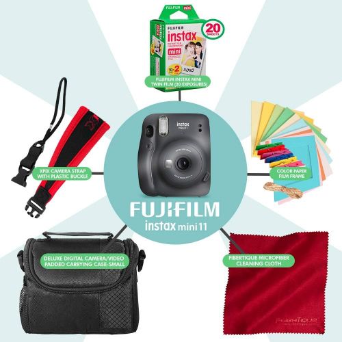 후지필름 FUJIFILM INSTAX Mini 11 Instant Film Camera (Charcoal Gray) + Fujifilm Instax Mini Twin Film (20 Exposures), Camera Carrying Case, Xpix Camera Strap & Funky Film Frames